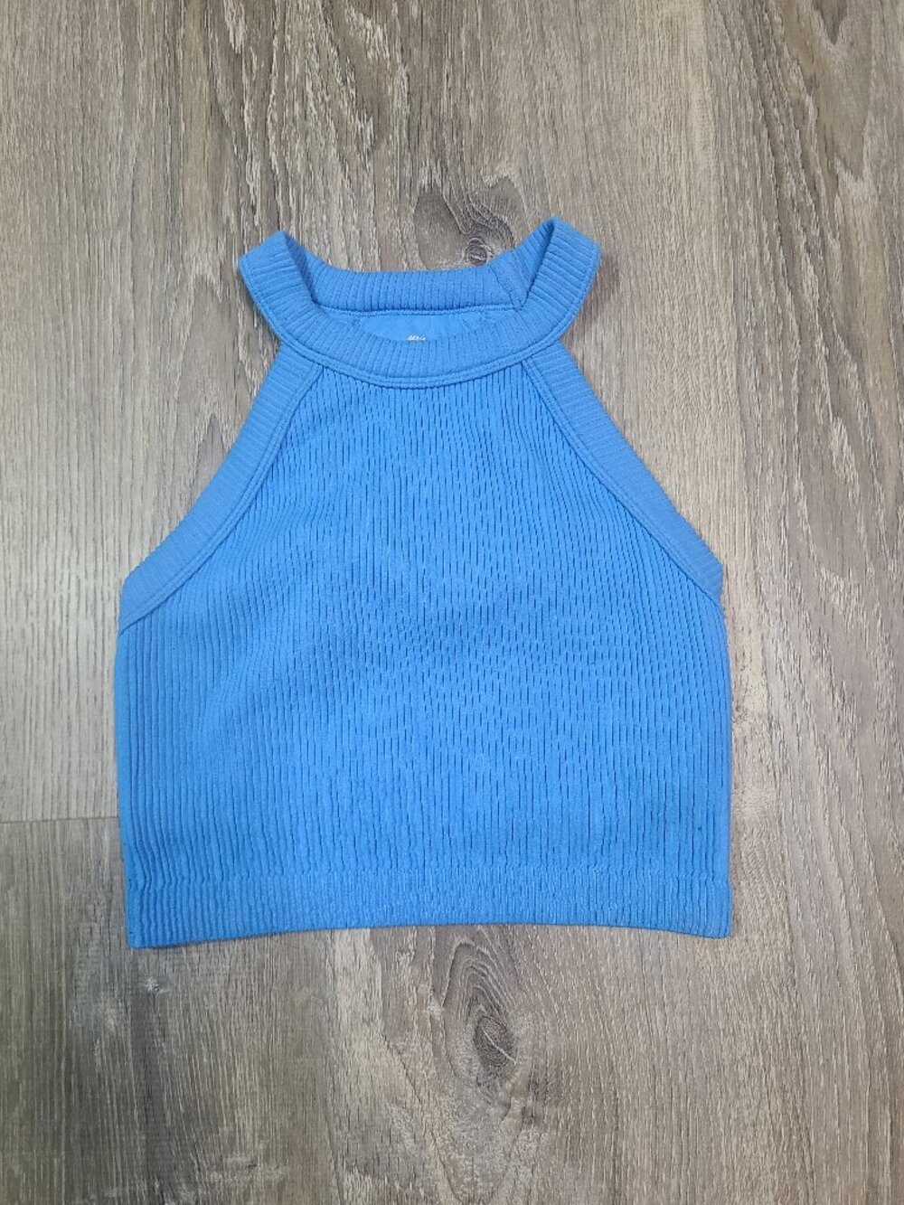 Aerie Blue Superchill Seamless Ribbed High Neck Halter Crop Tank Top Size Medium